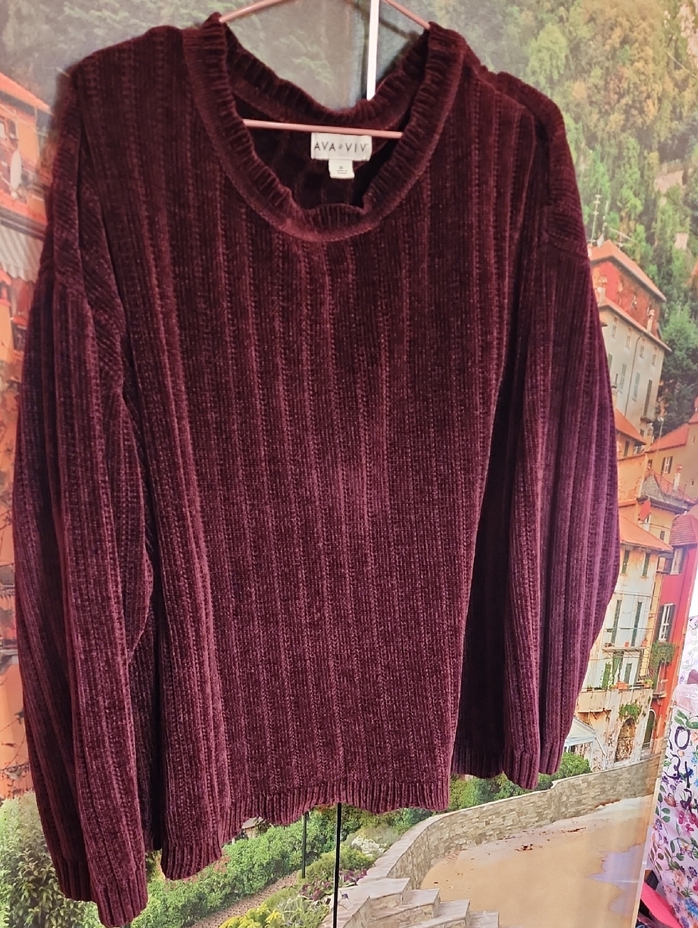 Ava & Viv Ribbed Velvet Pullover - Burgundy SZ 3x